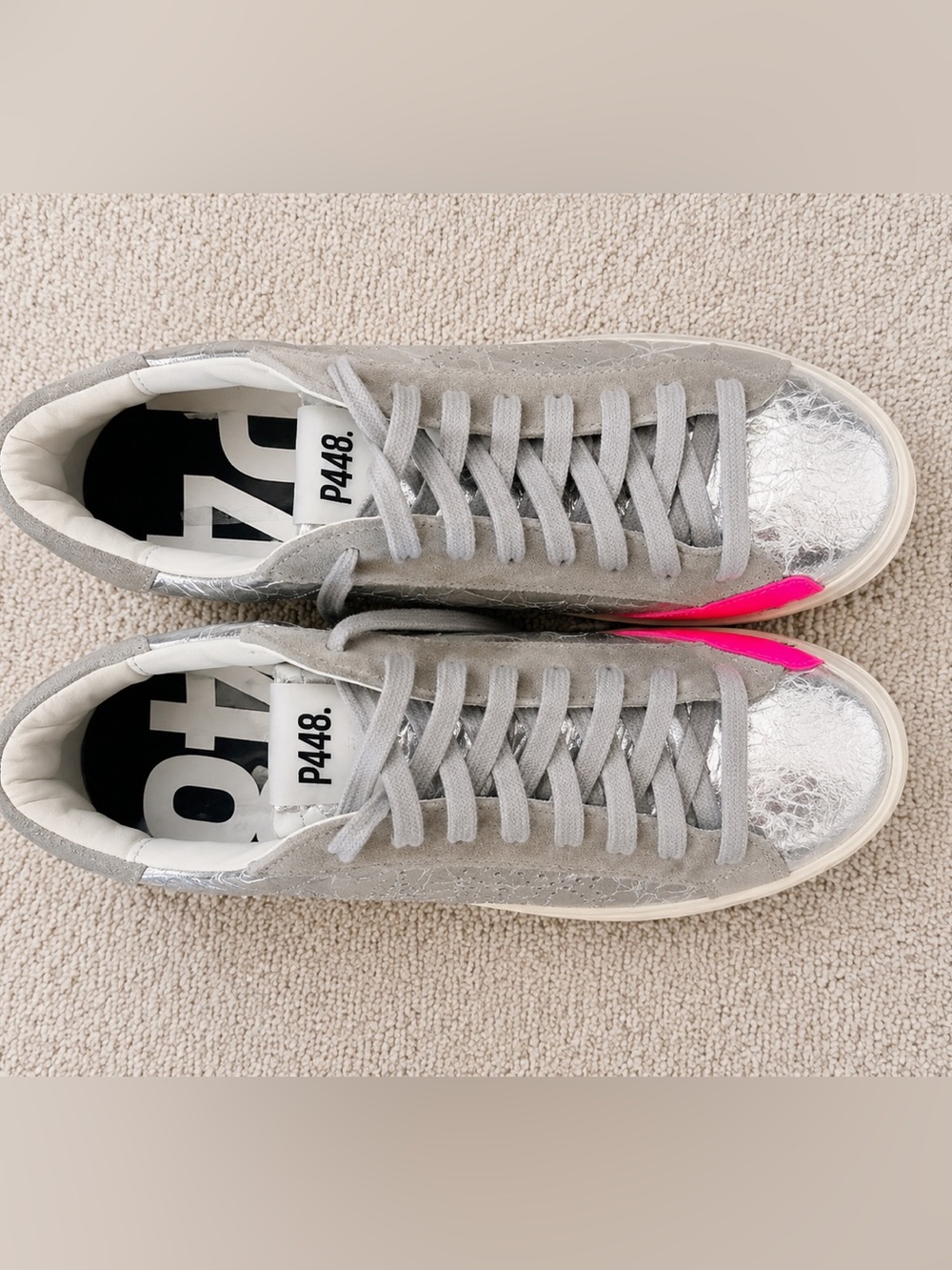 P448 Silver Metallic Neon Pink Low Top Sneakers EU 37